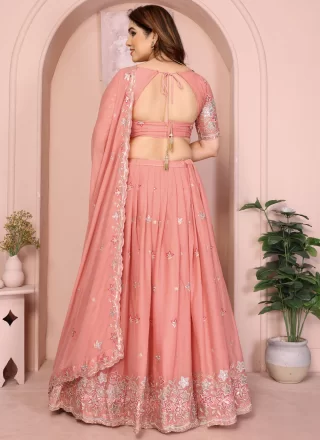 Peach Georgette Embroidered and Zari Work A - Line Lehenga Choli