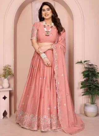 Peach Georgette Embroidered and Zari Work A - Line Lehenga Choli