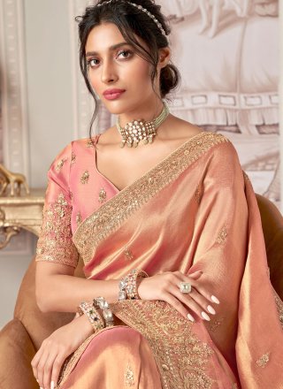Peach Jacquard Silk Booti, Embroidered, Sequins and Zari Work Trendy Saree