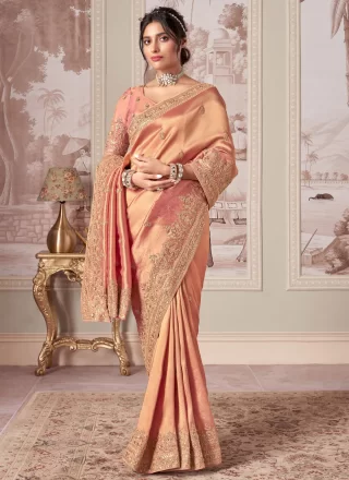 Peach Jacquard Silk Booti, Embroidered, Sequins and Zari Work Trendy Saree