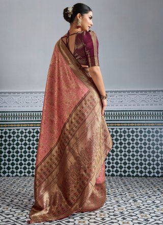 Peach Kanjivaram Silk Contemporary Sari with Woven Work for Festival