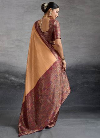 Peach Kanjivaram Silk Designer Saree with Meenakari, Woven and Zari Work