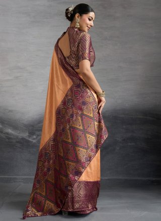 Peach Kanjivaram Silk Meenakari, Woven and Zari Work Contemporary Sari for Ceremonial