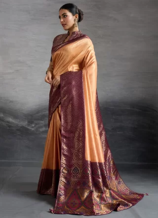 Peach Kanjivaram Silk Meenakari, Woven and Zari Work Contemporary Sari for Ceremonial