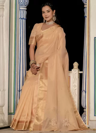 Peach Linen Booti, Khatli and Zari Work Trendy Saree for Ceremonial
