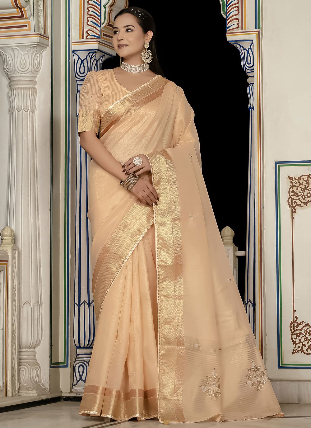 Shop Peach Linen Booti, Khatli and Zari Work Trendy Saree for