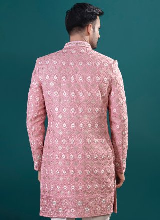 Peach Lucknowi Machine Embroidery Work Indo Western