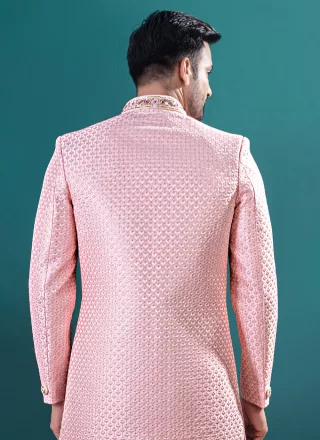 Peach Lucknowi Machine Embroidery Work Indo Western