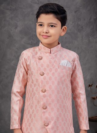 Peach Machine Embroidery and Sequins Work Jacquard Indo Western