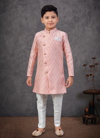 Peach Machine Embroidery and Sequins Work Jacquard Indo Western