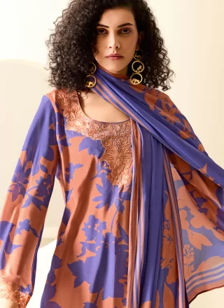 Peach Muslin Pant Style Suit with Digital Print, Embroidered and Resham Work