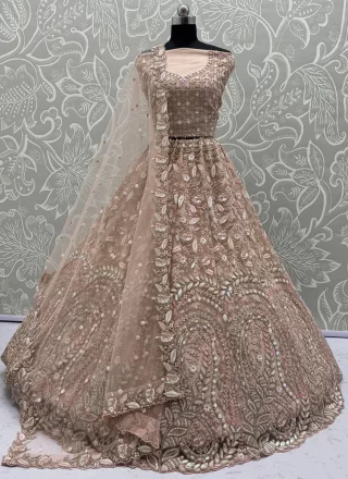 Peach Net A - Line Lehenga Choli with Diamond, Dori, Embroidered, Fancy, Sequins, Thread and Zircon Work for Ceremonial