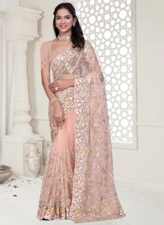 Peach Net Contemporary Saree with Cut, Embroidered, Resham, Stone and Zircon Work
