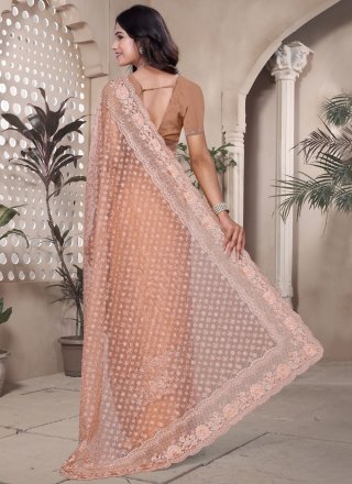 Peach Net Diamond, Embroidered, Resham, Zari and Zircon Work Classic Saree for Party
