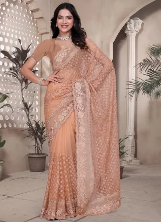 Peach Net Diamond, Embroidered, Resham, Zari and Zircon Work Classic Saree for Party