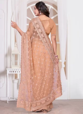 Peach Net Diamond, Embroidered, Resham, Zari and Zircon Work Trendy Saree