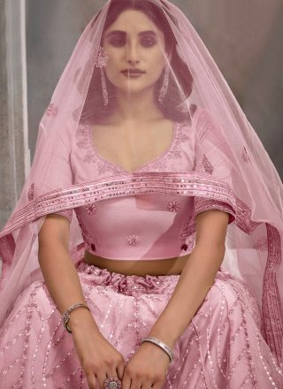 Peach Net Embroidered and Sequins Work A - Line Lehenga Choli