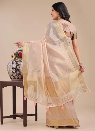 Peach Organza Contemporary Sari with Woven Work for Casual