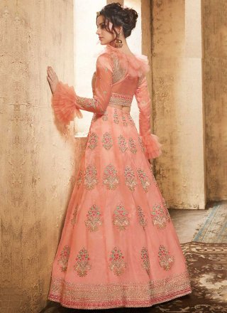 Peach Organza Embroidered, Stone and Zari Work A - Line Lehenga Choli
