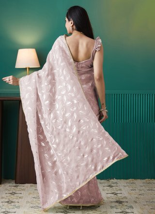 Peach Organza Foil Print Work Trendy Saree for Ceremonial