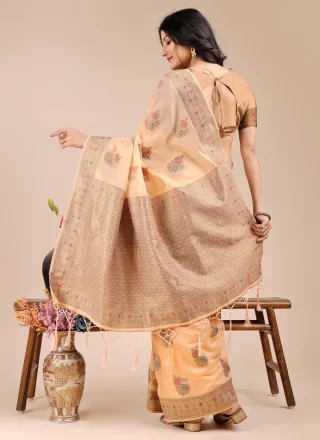 Peach Print Work Cotton Trendy Saree