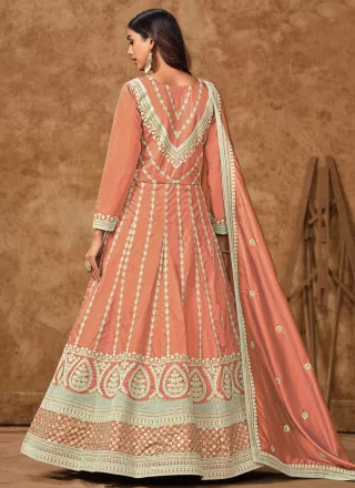 Peach Pure Dola Gown with Embroidered and Zari Work