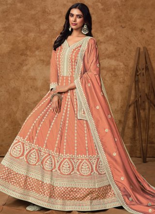 Peach Pure Dola Gown with Embroidered and Zari Work