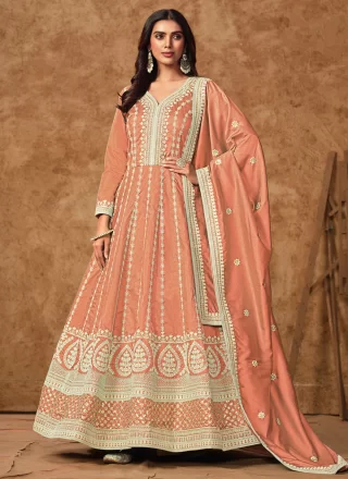 Peach Pure Dola Gown with Embroidered and Zari Work