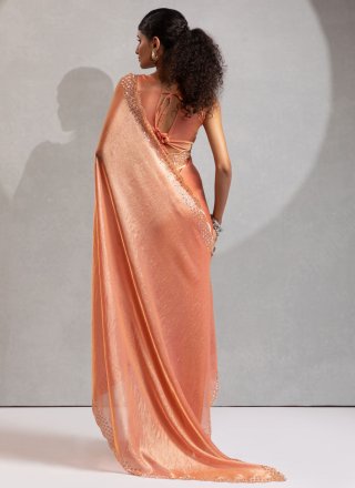 Peach Satin Silk Contemporary Sari with Beads, Cut Dana, Cut and Zircon Work