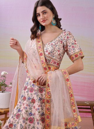 Peach Satin Silk  Designer Gown with Crystals, Digital Print and Swarovski Work