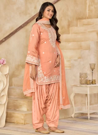 Peach Silk Embroidered Work Punjabi Salwar Suit