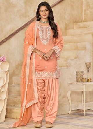 Peach Silk Embroidered Work Punjabi Salwar Suit