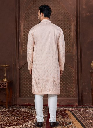 Peach Silk Kurta Pyjama with Embroidered, Thread and Zari Work for Ceremonial