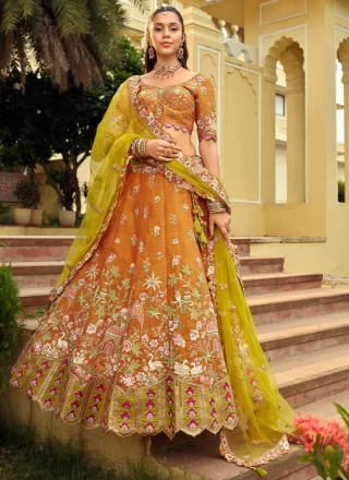 Peach Silk Lehenga Choli with Embroidered, Sequins and Zari Work