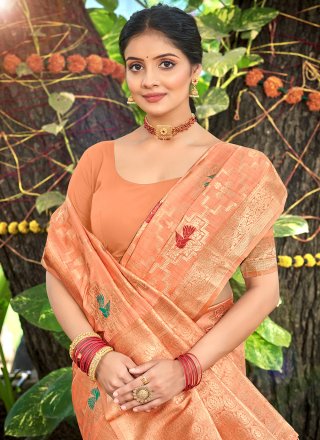Peach Silk Meena Work Contemporary Saree