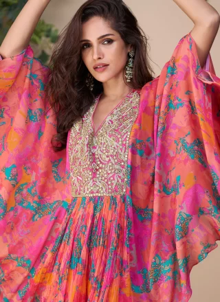 Peach Silk Readymade Salwar Suit with Embroidered Work