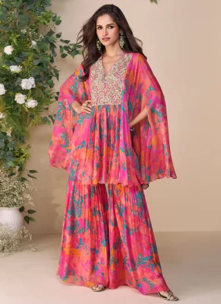 Peach Silk Readymade Salwar Suit with Embroidered Work