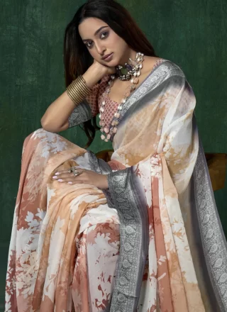 Peach Silk Trendy Saree with Patch Border, Print and Woven Work
