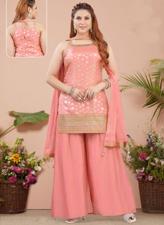 Peach Silk Weaving Work Readymade Salwar Suit