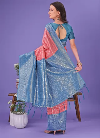 Peach Silk Woven Work Classic Saree for Casual