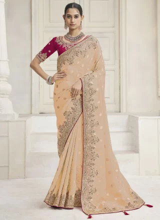 Peach Tissue Embroidered, Sequins and Zari Work Classic Sari