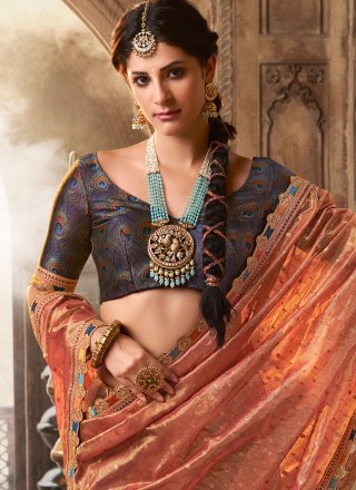 Peach Tissue Patch Border, Fancy, Jacquard and Lace Work Contemporary Saree for
