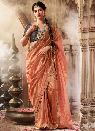Peach Tissue Patch Border, Fancy, Jacquard and Lace Work Contemporary Saree for