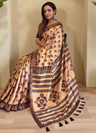 Peach Viscose Classic Saree with Print Work