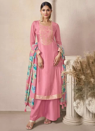 Peach Weaving Work Maslin Silk Palazzo Salwar Suit