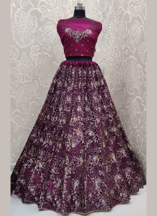 Peppy Purple Net A - Line Lehenga Choli with Embroidered, Fancy, Floral Patch, Sequins and Thread Work