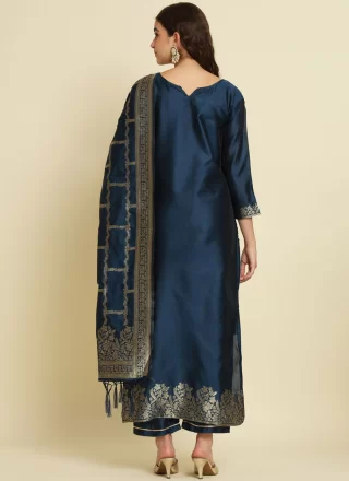 Perfect Blue Cotton Silk Pant Style Suit