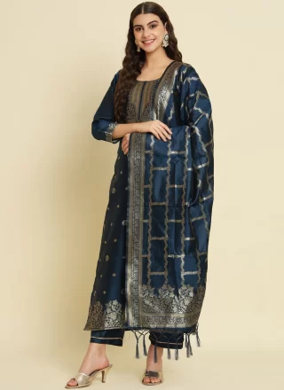 Perfect Blue Cotton Silk Pant Style Suit