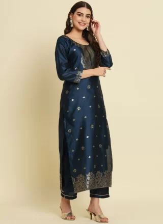 Perfect Blue Cotton Silk Pant Style Suit