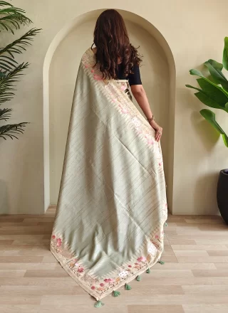 Perfervid Green Tussar Silk Trendy Saree with Embroidered and Floral Patch Work